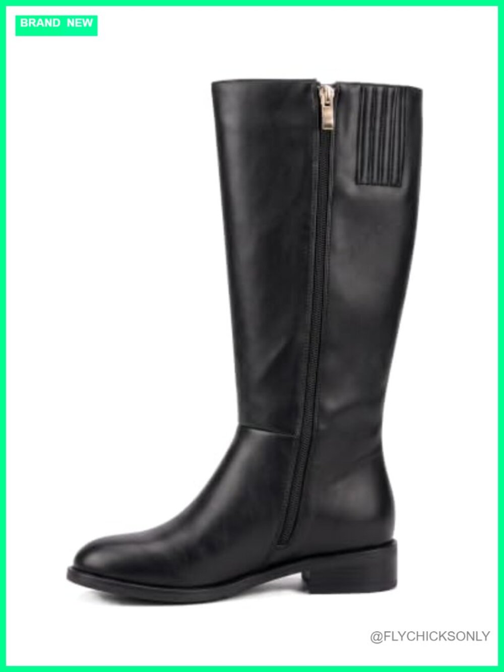 Wide Calf Knee High Boots Faux Leather Round Toe Low Heel Side Zipper